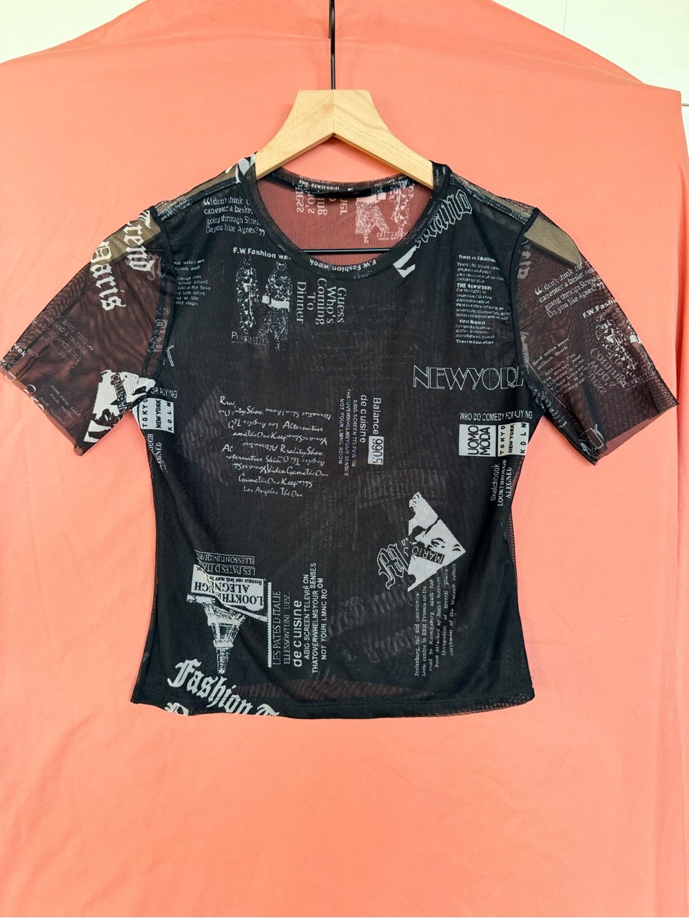 Just Polly Y2K Sheer Mesh Graphic Baby Tee Newspaper Grunge Top